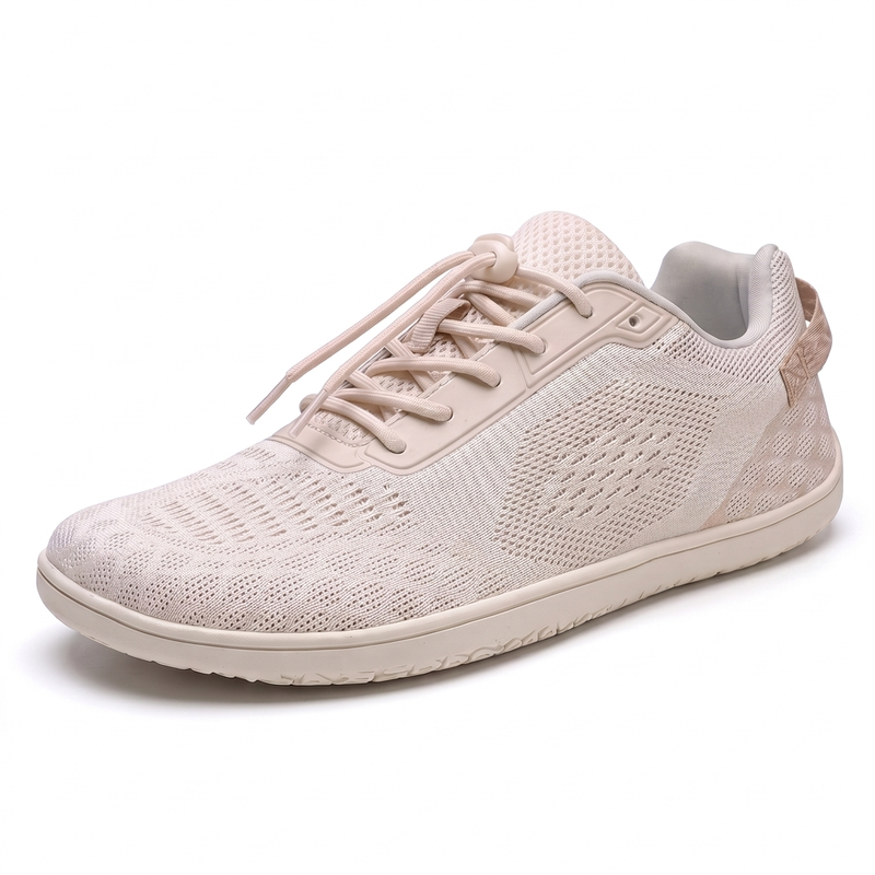 Oakmere Linden beige wide-toe walking shoe with elastic toggle on white