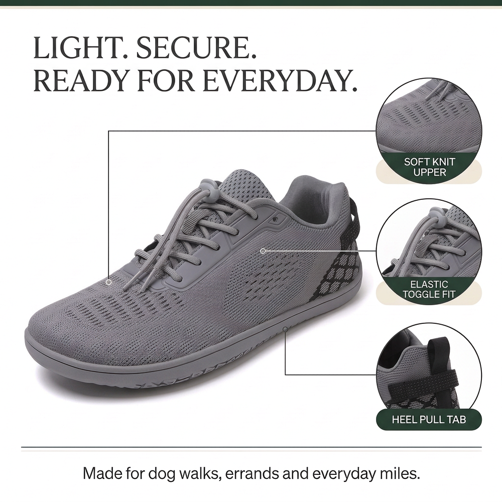 Oakmere Linden knit upper, elastic toggle and heel pull tab infographic