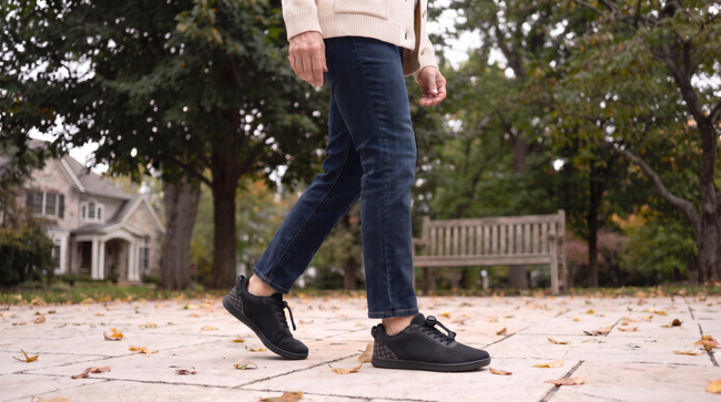Woman wearing black Oakmere Linden wide-toe walking shoes on an everyday walk