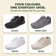Oakmere Linden wide-toe walking shoes in black, dark gray, white and beige