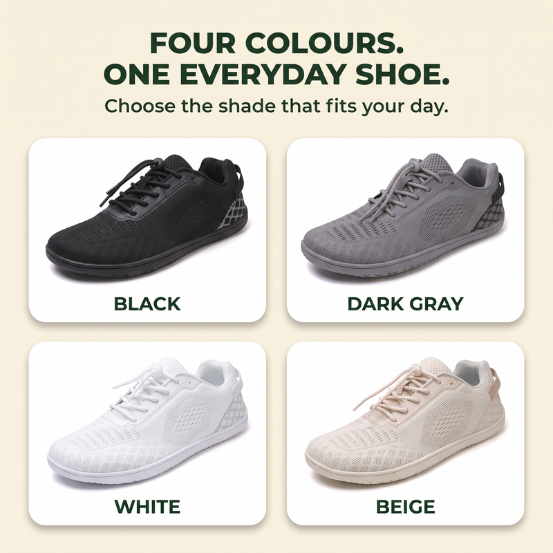 Oakmere Linden wide-toe walking shoes in black, dark gray, white and beige