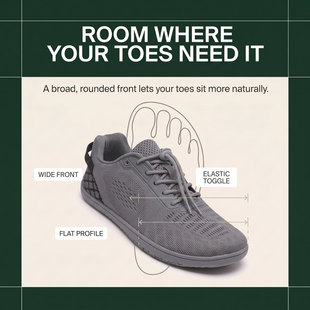 Oakmere Linden wide rounded toe box and elastic toggle fit infographic
