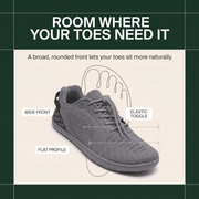 Oakmere Linden wide rounded toe box and elastic toggle fit infographic
